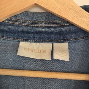 Chico's Medium Blue Denim Jacket with Tan Stitching Size 2.
